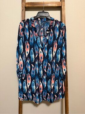 Navy Feather-Print V-Neck Blouse